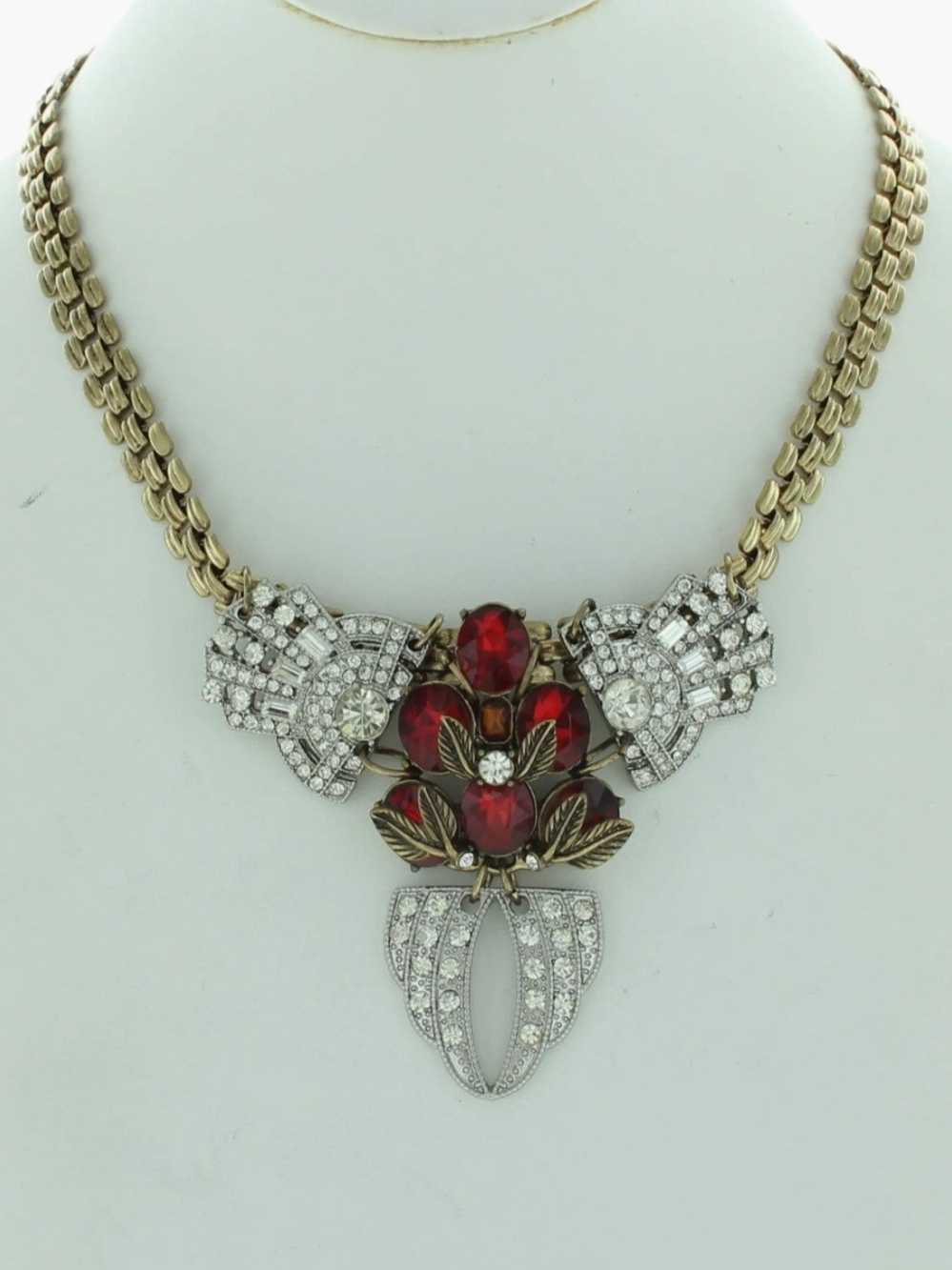 Olivia Welles Gold-Tone Necklace with Red Crystal Floral Center